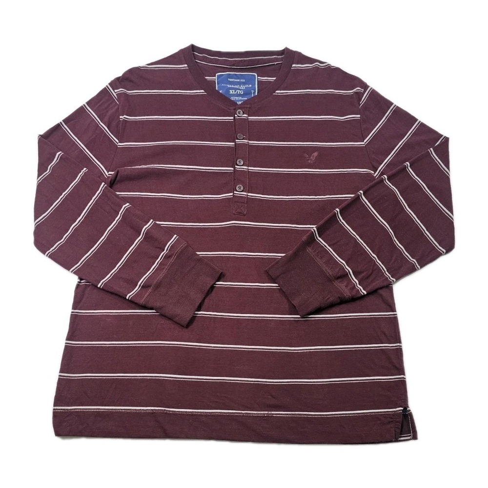 American Eagle Vintage Fit Mens XL‎ Red Maroon Striped Long Sleeve Henley Shirt